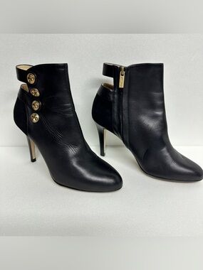 Jimmy Choo black leather stiletto ankle boots with Gold Button Accents luxury